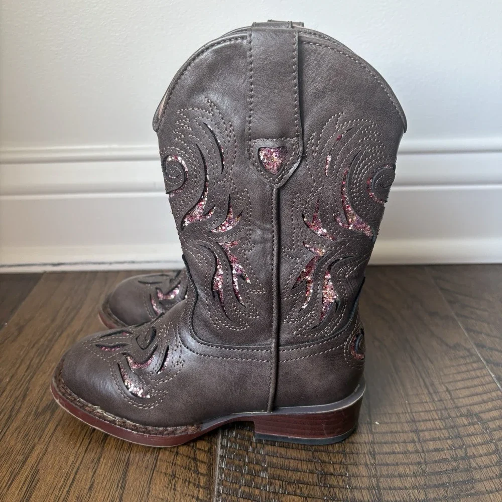 Roper Toddler Brown & Pink Glitter Inlay  Western Square Toe Boots Size 9
